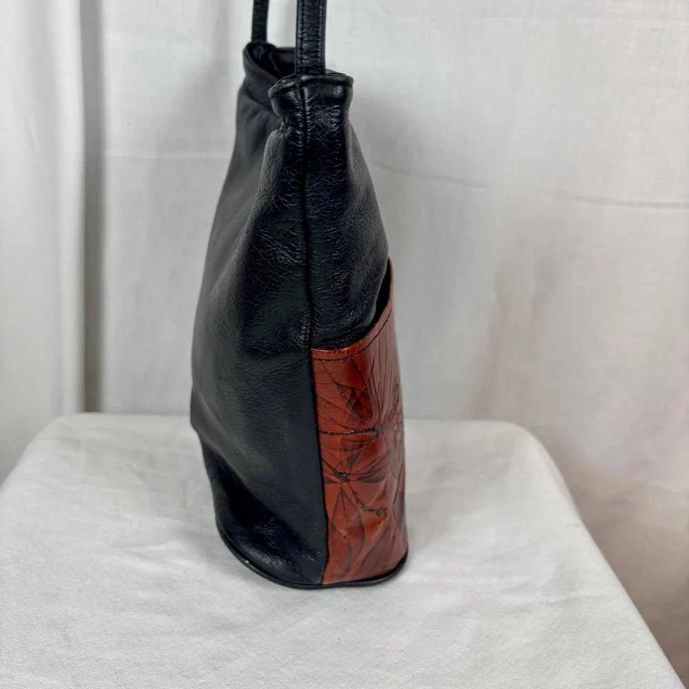 Leaf Leather C.L. Whiting  Black Brown Embossed Crossbody Bucket Bag USA Made